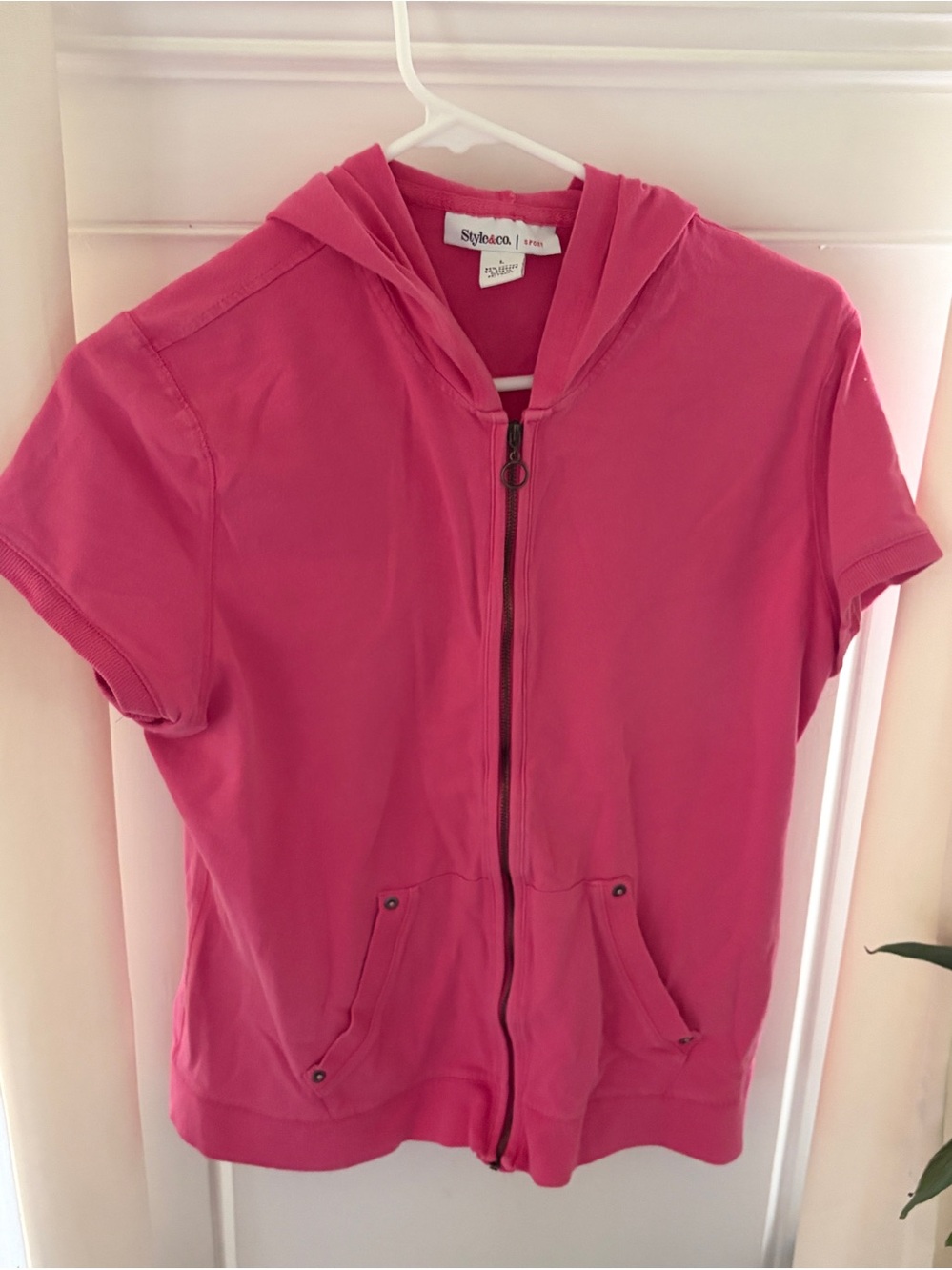 Style & Co Sport Short Sleeve Zip Up Pink Size L